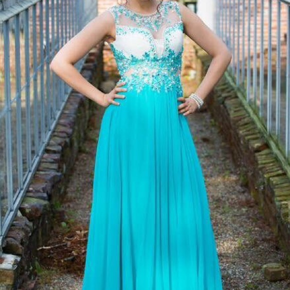 teal and white prom dresses
